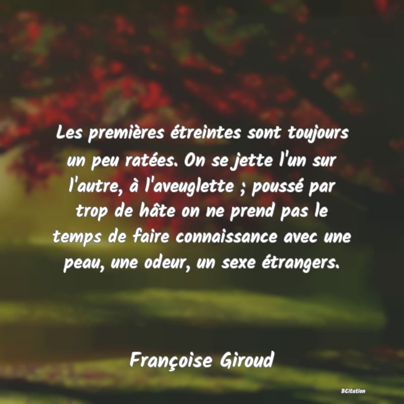 image de citation: Les premières étreintes sont toujours un peu ratées. On se jette l'un sur l'autre, à l'aveuglette ; poussé par trop de hâte on ne prend pas le temps de faire connaissance avec une peau, une odeur, un sexe étrangers.