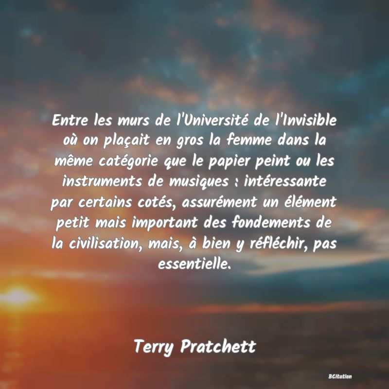 image de citation: Entre les murs de l'Université de l'Invisible où on plaçait en gros la femme dans la même catégorie que le papier peint ou les instruments de musiques : intéressante par certains cotés, assurément un élément petit mais important des fondements de la civilisation, mais, à bien y réfléchir, pas essentielle.