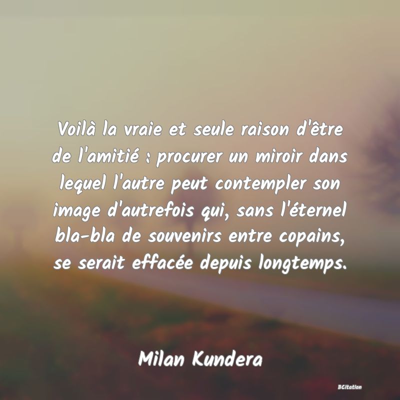 image de citation: Voilà la vraie et seule raison d'être de l'amitié : procurer un miroir dans lequel l'autre peut contempler son image d'autrefois qui, sans l'éternel bla-bla de souvenirs entre copains, se serait effacée depuis longtemps.