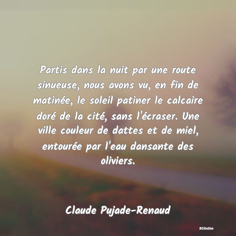 image de citation: Partis dans la nuit par une route sinueuse, nous avons vu, en fin de matinée, le soleil patiner le calcaire doré de la cité, sans l'écraser. Une ville couleur de dattes et de miel, entourée par l'eau dansante des oliviers.