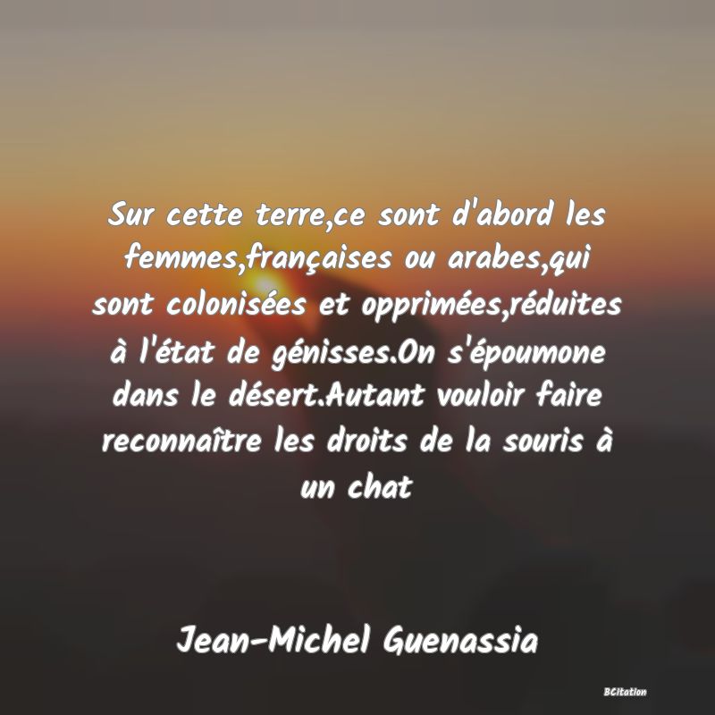 image de citation: Sur cette terre,ce sont d'abord les femmes,françaises ou arabes,qui sont colonisées et opprimées,réduites à l'état de génisses.On s'époumone dans le désert.Autant vouloir faire reconnaître les droits de la souris à un chat