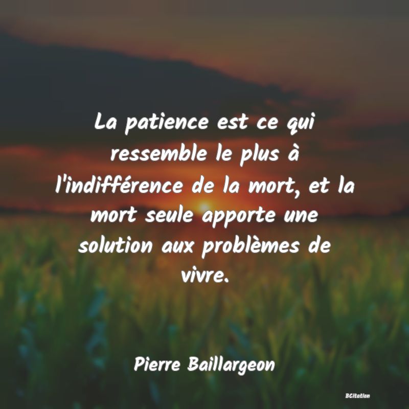 image de citation: La patience est ce qui ressemble le plus à l'indifférence de la mort, et la mort seule apporte une solution aux problèmes de vivre.