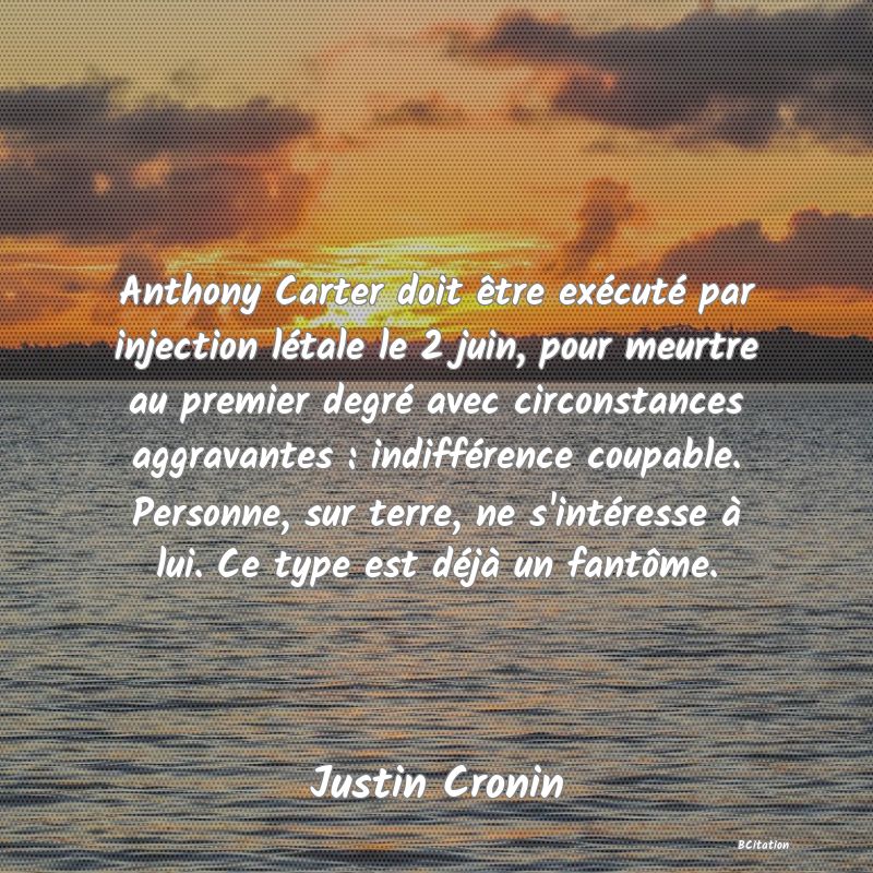 image de citation: Anthony Carter doit être exécuté par injection létale le 2 juin, pour meurtre au premier degré avec circonstances aggravantes : indifférence coupable. Personne, sur terre, ne s'intéresse à lui. Ce type est déjà un fantôme.