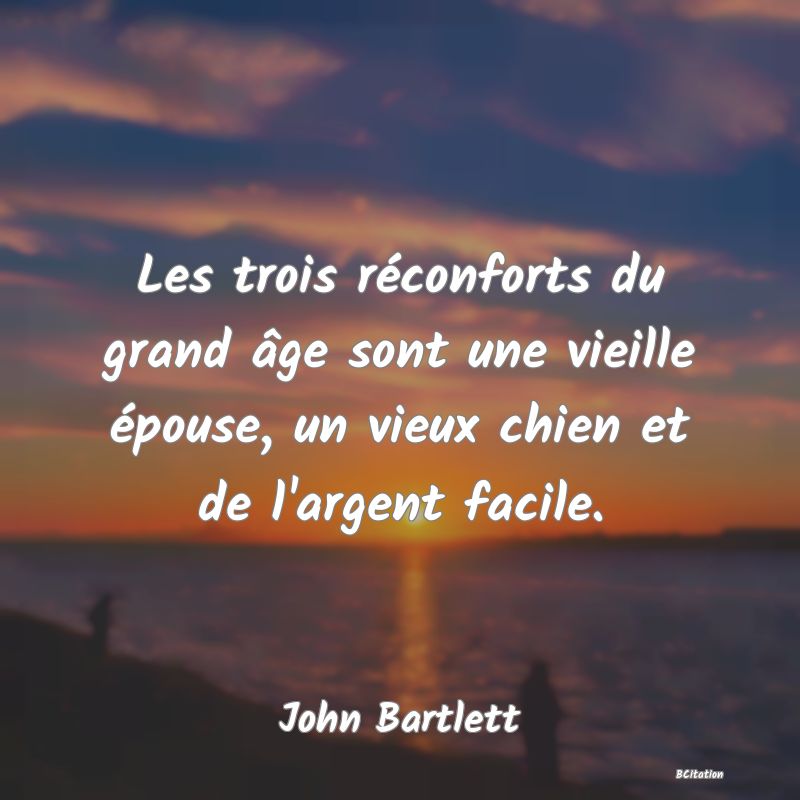 image de citation: Les trois réconforts du grand âge sont une vieille épouse, un vieux chien et de l'argent facile.