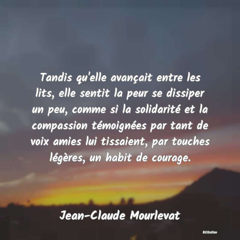 image de citation: Tandis qu'elle avançait entre les lits, elle sentit la peur se dissiper un peu, comme si la solidarité et la compassion témoignées par tant de voix amies lui tissaient, par touches légères, un habit de courage.