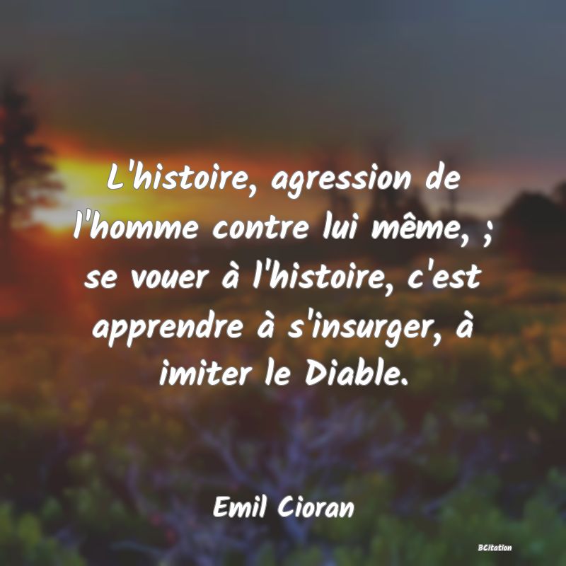 image de citation: L'histoire, agression de l'homme contre lui même, ; se vouer à l'histoire, c'est apprendre à s'insurger, à imiter le Diable.