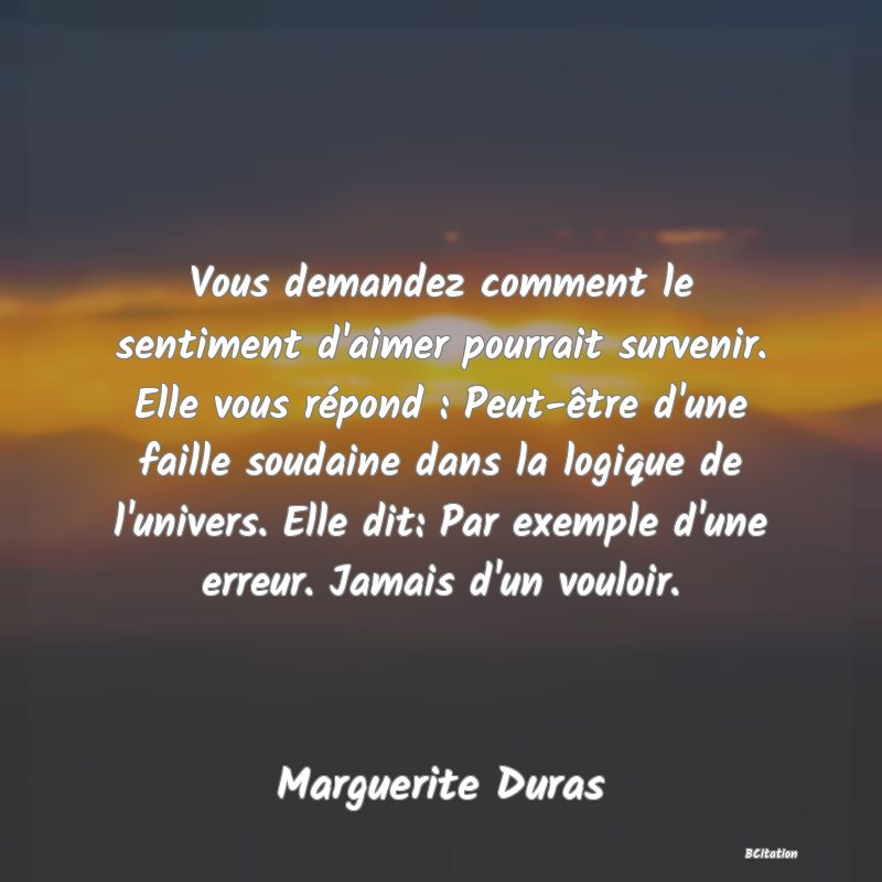 image de citation: Vous demandez comment le sentiment d'aimer pourrait survenir. Elle vous répond : Peut-être d'une faille soudaine dans la logique de l'univers. Elle dit: Par exemple d'une erreur. Jamais d'un vouloir.