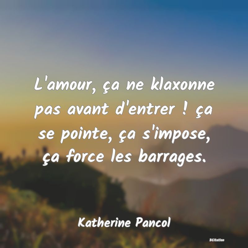 image de citation: L'amour, ça ne klaxonne pas avant d'entrer ! ça se pointe, ça s'impose, ça force les barrages.