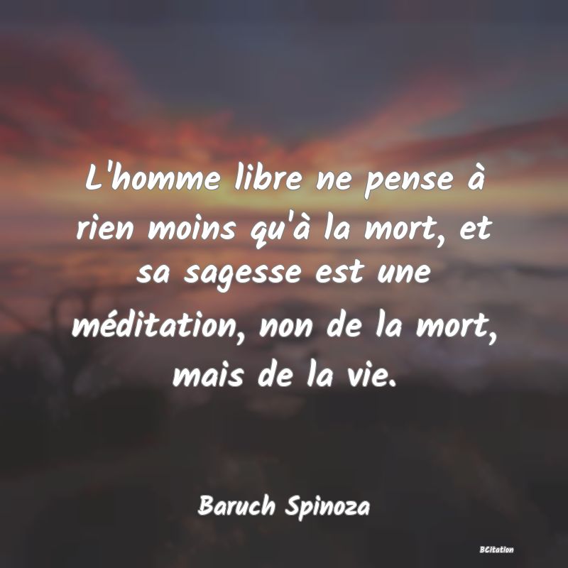 image de citation: L'homme libre ne pense à rien moins qu'à la mort, et sa sagesse est une méditation, non de la mort, mais de la vie.