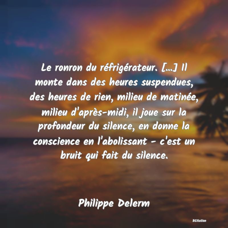 image de citation: Le ronron du réfrigérateur. [...] Il monte dans des heures suspendues, des heures de rien, milieu de matinée, milieu d'après-midi, il joue sur la profondeur du silence, en donne la conscience en l'abolissant - c'est un bruit qui fait du silence.