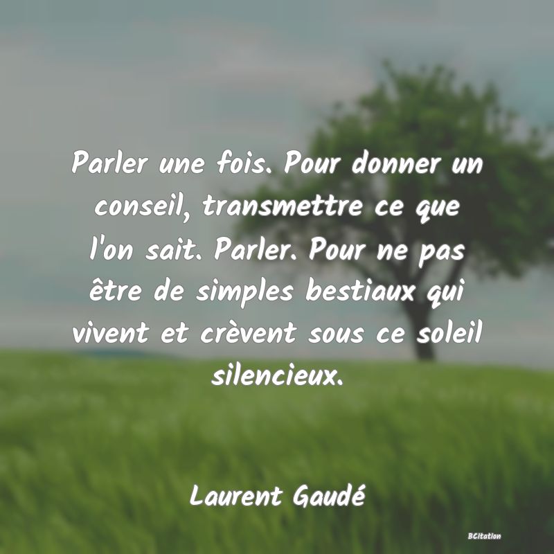 Belle Citation - Parler une fois. Pour donner un conseil, transmettre ce que l'on sait. Parler. Pour ne pas être de simples bestiaux qui vivent et crèvent sous ce soleil silencieux. - Laurent Gaudé