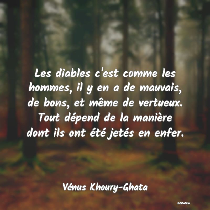 image de citation: Les diables c'est comme les hommes, il y en a de mauvais, de bons, et même de vertueux. Tout dépend de la manière dont ils ont été jetés en enfer.