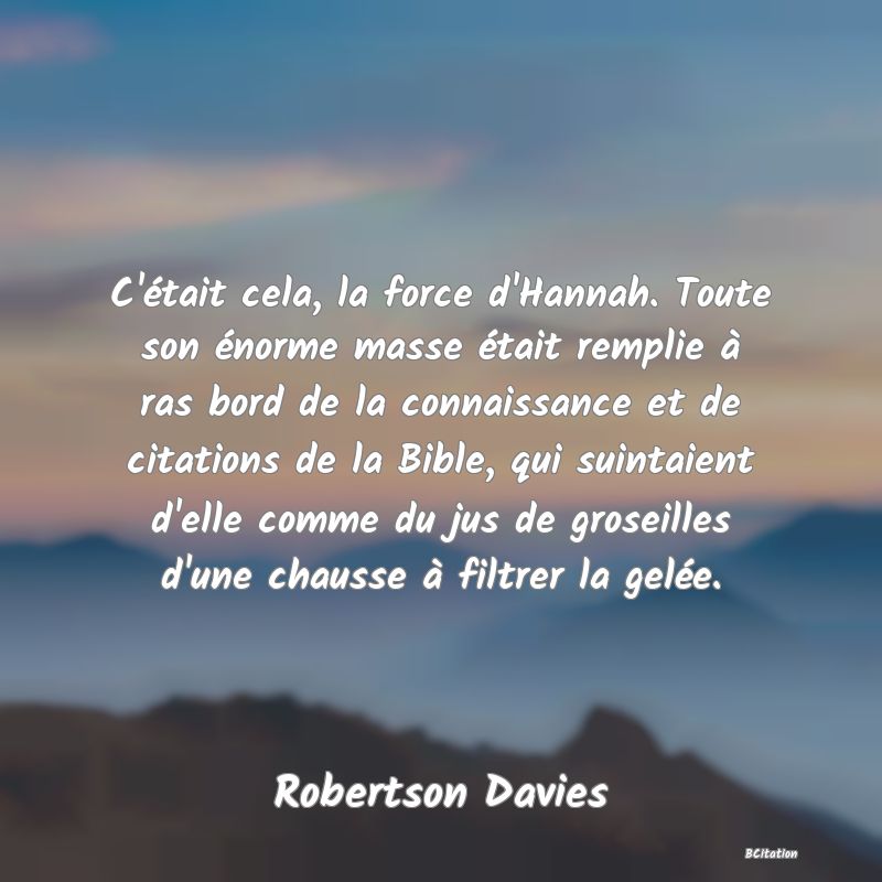 image de citation: C'était cela, la force d'Hannah. Toute son énorme masse était remplie à ras bord de la connaissance et de citations de la Bible, qui suintaient d'elle comme du jus de groseilles d'une chausse à filtrer la gelée.