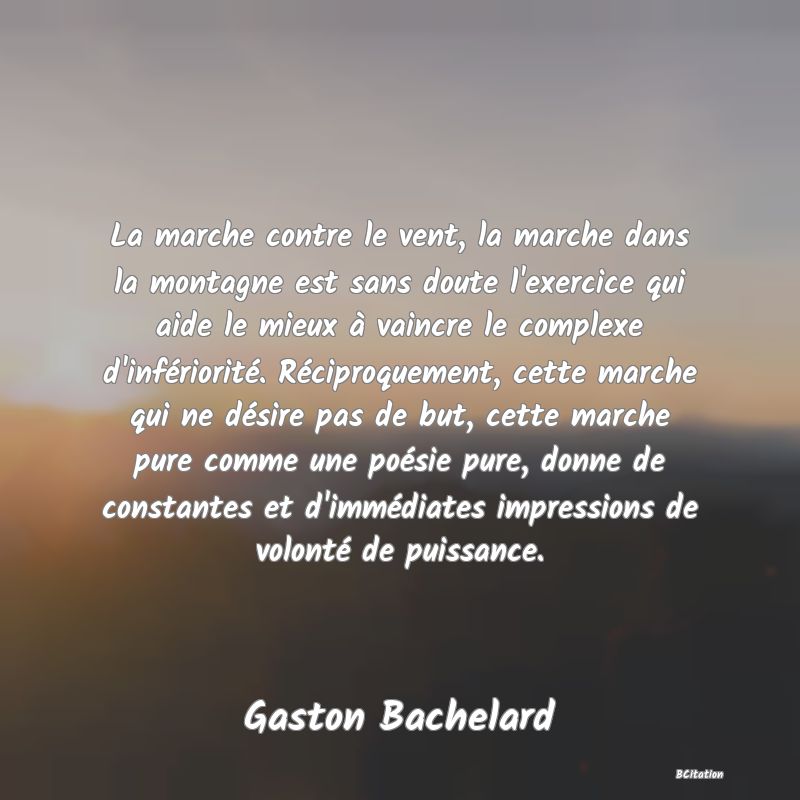 image de citation: La marche contre le vent, la marche dans la montagne est sans doute l'exercice qui aide le mieux à vaincre le complexe d'infériorité. Réciproquement, cette marche qui ne désire pas de but, cette marche pure comme une poésie pure, donne de constantes et d'immédiates impressions de volonté de puissance.