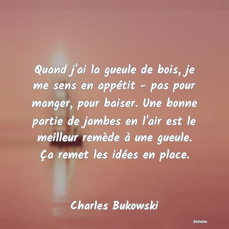 image de citation: Quand j'ai la gueule de bois, je me sens en appétit - pas pour manger, pour baiser. Une bonne partie de jambes en l'air est le meilleur remède à une gueule. Ça remet les idées en place.