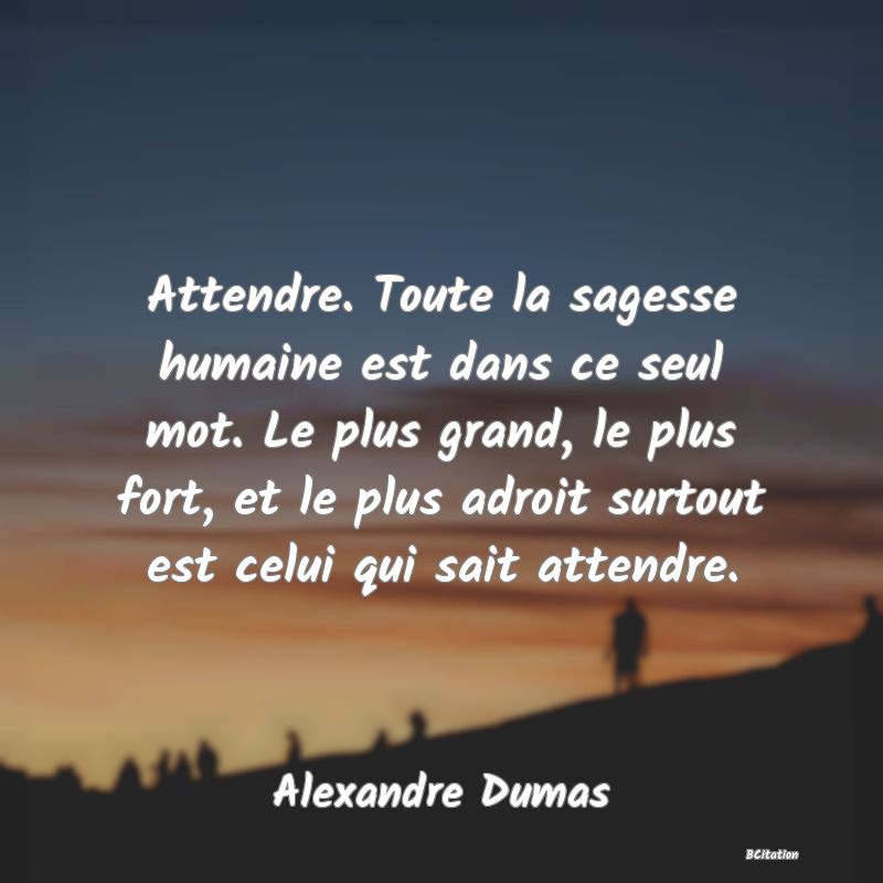 Belle Citation - Attendre. Toute la sagesse humaine est dans ce seul mot. Le plus grand, le plus fort, et le plus adroit surtout est celui qui sait attendre. - Alexandre Dumas