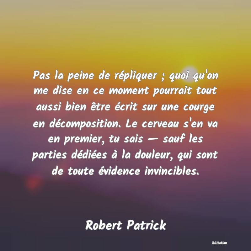 image de citation: Pas la peine de répliquer ; quoi qu'on me dise en ce moment pourrait tout aussi bien être écrit sur une courge en décomposition. Le cerveau s'en va en premier, tu sais — sauf les parties dédiées à la douleur, qui sont de toute évidence invincibles.