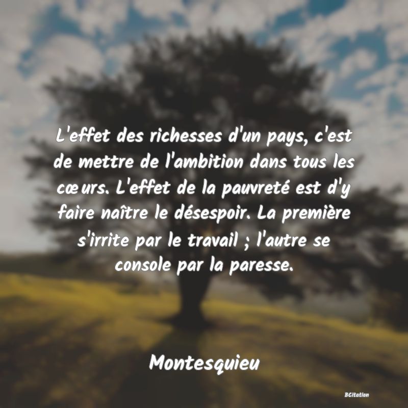 Belle Citation - L'effet des richesses d'un pays, c'est de mettre de l'ambition dans tous les cœurs. L'effet de la pauvreté est d'y faire naître le désespoir. La première s'irrite par le travail ; l'autre se console par la paresse. - Montesquieu
