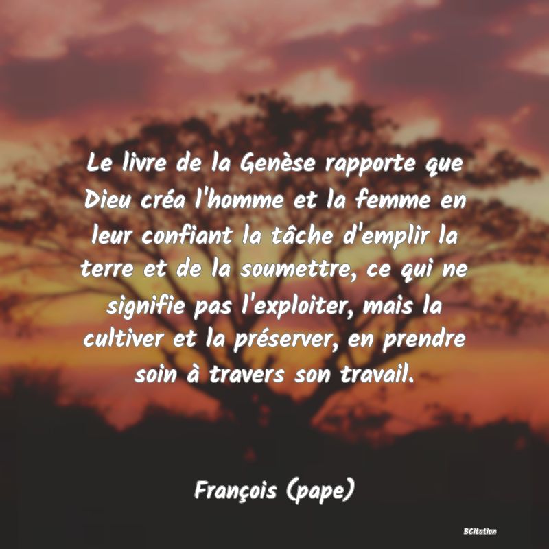 image de citation: Le livre de la Genèse rapporte que Dieu créa l'homme et la femme en leur confiant la tâche d'emplir la terre et de la soumettre, ce qui ne signifie pas l'exploiter, mais la cultiver et la préserver, en prendre soin à travers son travail.