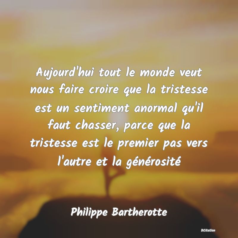 image de citation: Aujourd'hui tout le monde veut nous faire croire que la tristesse est un sentiment anormal qu'il faut chasser, parce que la tristesse est le premier pas vers l'autre et la générosité