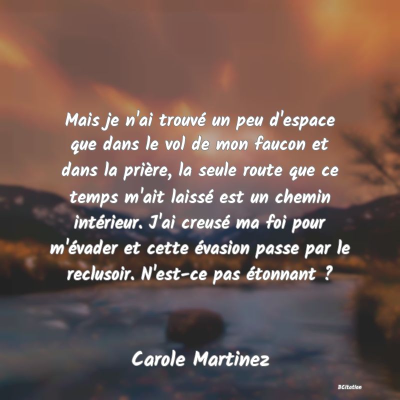 image de citation: Mais je n'ai trouvé un peu d'espace que dans le vol de mon faucon et dans la prière, la seule route que ce temps m'ait laissé est un chemin intérieur. J'ai creusé ma foi pour m'évader et cette évasion passe par le reclusoir. N'est-ce pas étonnant ?