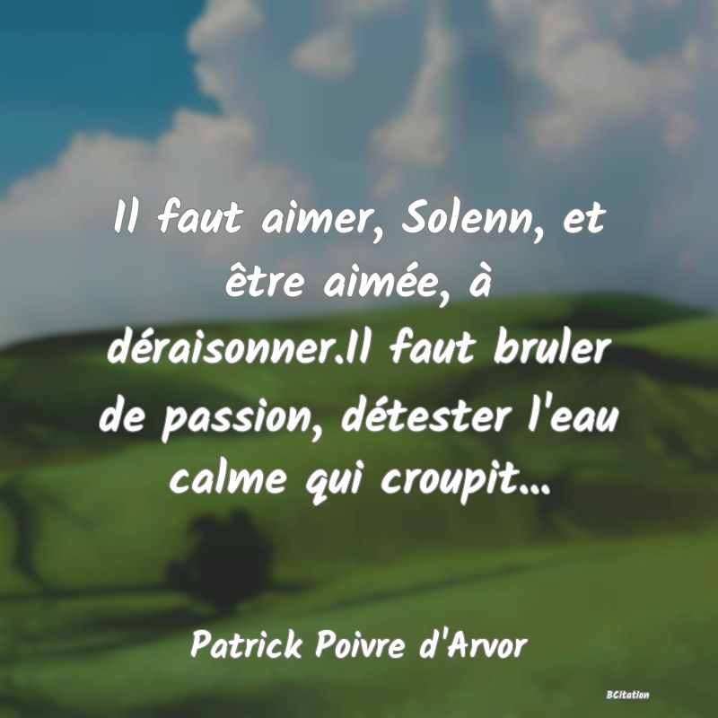 image de citation: Il faut aimer, Solenn, et être aimée, à déraisonner.Il faut bruler de passion, détester l'eau calme qui croupit...