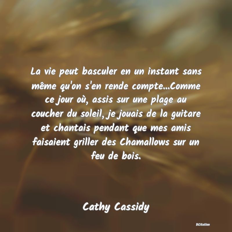 image de citation: La vie peut basculer en un instant sans même qu'on s'en rende compte...Comme ce jour où, assis sur une plage au coucher du soleil, je jouais de la guitare et chantais pendant que mes amis faisaient griller des Chamallows sur un feu de bois.