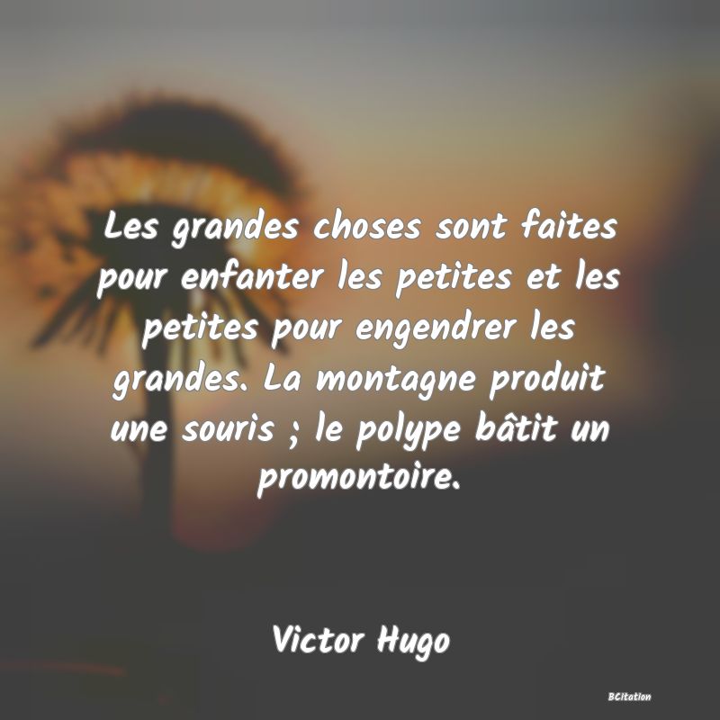 image de citation: Les grandes choses sont faites pour enfanter les petites et les petites pour engendrer les grandes. La montagne produit une souris ; le polype bâtit un promontoire.