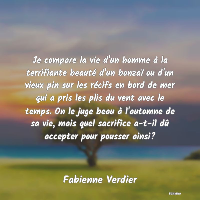 image de citation: Je compare la vie d'un homme à la terrifiante beauté d'un bonzaï ou d'un vieux pin sur les récifs en bord de mer qui a pris les plis du vent avec le temps. On le juge beau à l'automne de sa vie, mais quel sacrifice a-t-il dû accepter pour pousser ainsi?