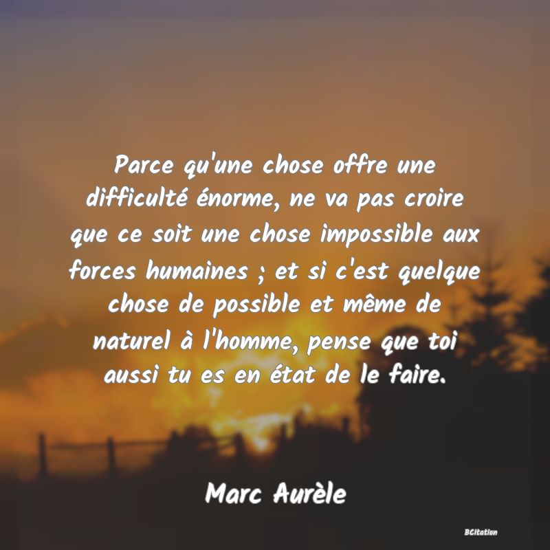 Belle Citation - Parce qu'une chose offre une difficulté énorme, ne va pas croire que ce soit une chose impossible aux forces humaines ; et si c'est quelque chose de possible et même de naturel à l'homme, pense que toi aussi tu es en état de le faire. - Marc Aurèle