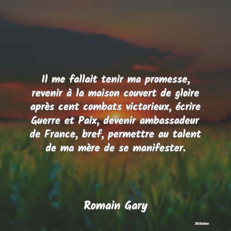 image de citation: Il me fallait tenir ma promesse, revenir à la maison couvert de gloire après cent combats victorieux, écrire Guerre et Paix, devenir ambassadeur de France, bref, permettre au talent de ma mère de se manifester.