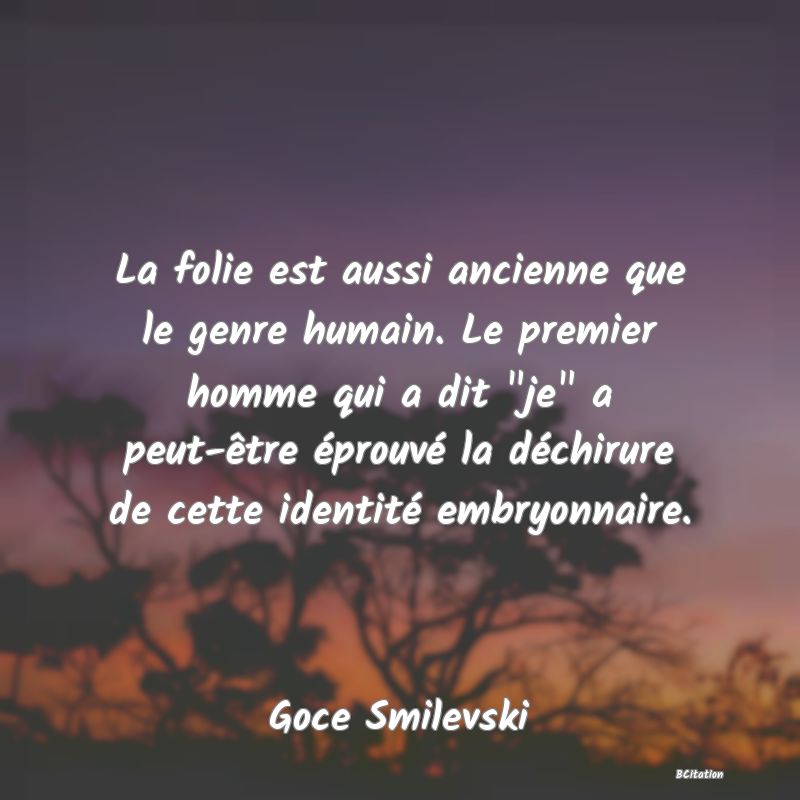 image de citation: La folie est aussi ancienne que le genre humain. Le premier homme qui a dit  je  a peut-être éprouvé la déchirure de cette identité embryonnaire.