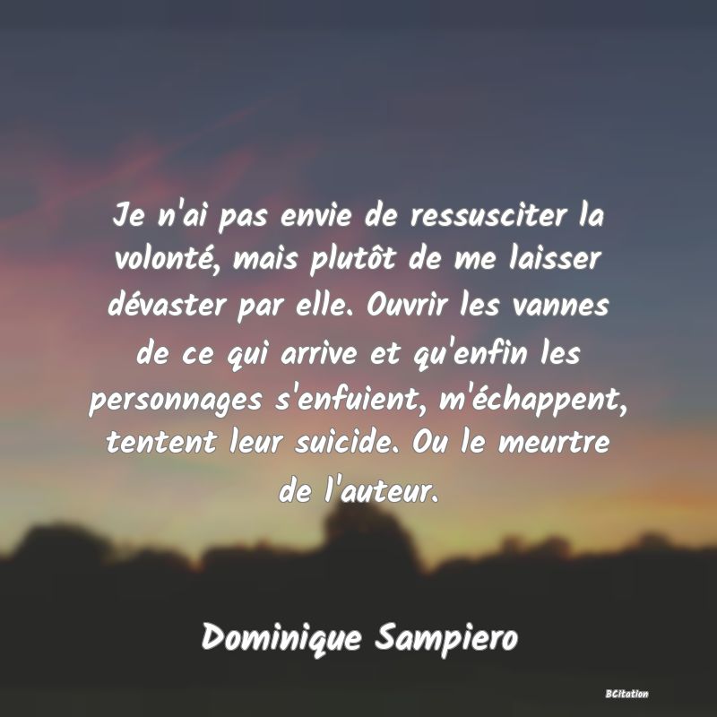 image de citation: Je n'ai pas envie de ressusciter la volonté, mais plutôt de me laisser dévaster par elle. Ouvrir les vannes de ce qui arrive et qu'enfin les personnages s'enfuient, m'échappent, tentent leur suicide. Ou le meurtre de l'auteur.