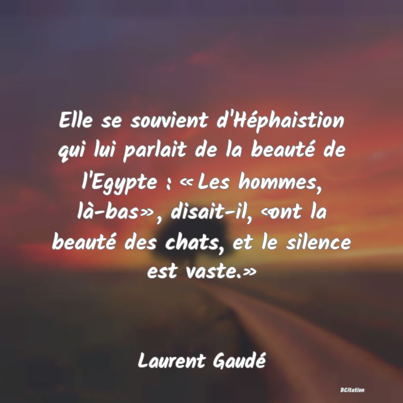 image de citation: Elle se souvient d'Héphaistion qui lui parlait de la beauté de l'Egypte : « Les hommes, là-bas», disait-il, «ont la beauté des chats, et le silence est vaste.»