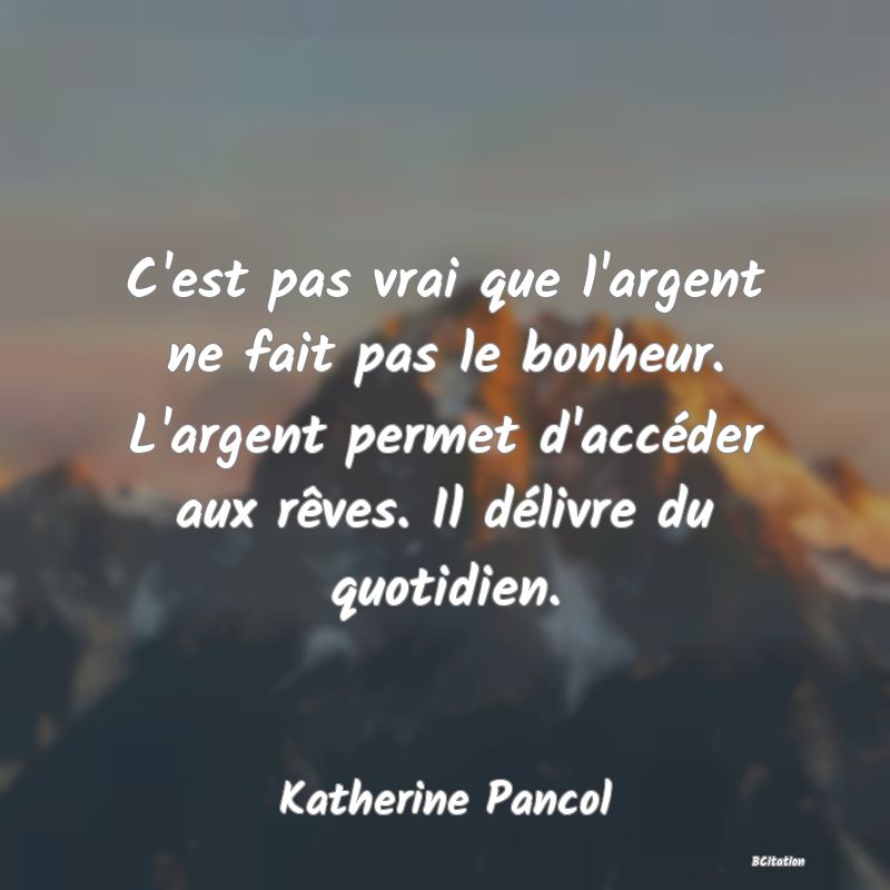 image de citation: C'est pas vrai que l'argent ne fait pas le bonheur. L'argent permet d'accéder aux rêves. Il délivre du quotidien.