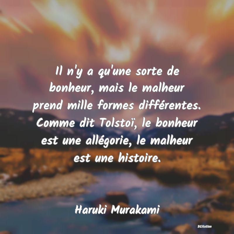 image de citation: Il n'y a qu'une sorte de bonheur, mais le malheur prend mille formes différentes. Comme dit Tolstoï, le bonheur est une allégorie, le malheur est une histoire.