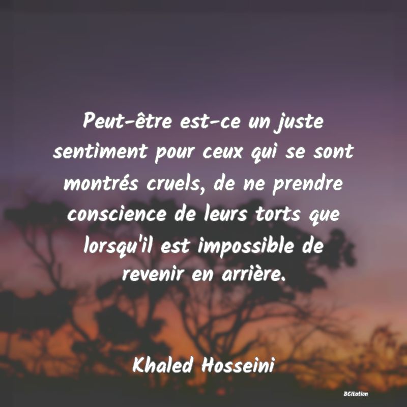 image de citation: Peut-être est-ce un juste sentiment pour ceux qui se sont montrés cruels, de ne prendre conscience de leurs torts que lorsqu'il est impossible de revenir en arrière.