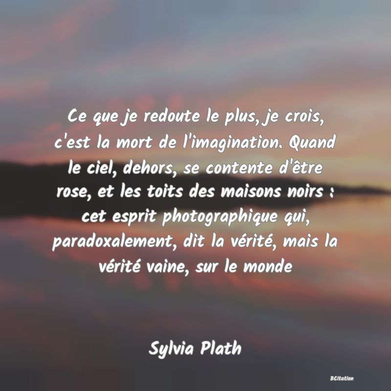 image de citation: Ce que je redoute le plus, je crois, c'est la mort de l'imagination. Quand le ciel, dehors, se contente d'être rose, et les toits des maisons noirs : cet esprit photographique qui, paradoxalement, dit la vérité, mais la vérité vaine, sur le monde