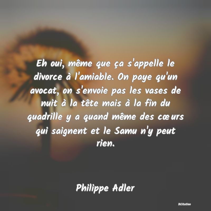 Belle Citation - Eh oui, même que ça s'appelle le divorce à l'amiable. On paye qu'un avocat, on s'envoie pas les vases de nuit à la tête mais à la fin du quadrille y a quand même des cœurs qui saignent et le Samu n'y peut rien. - Philippe Adler