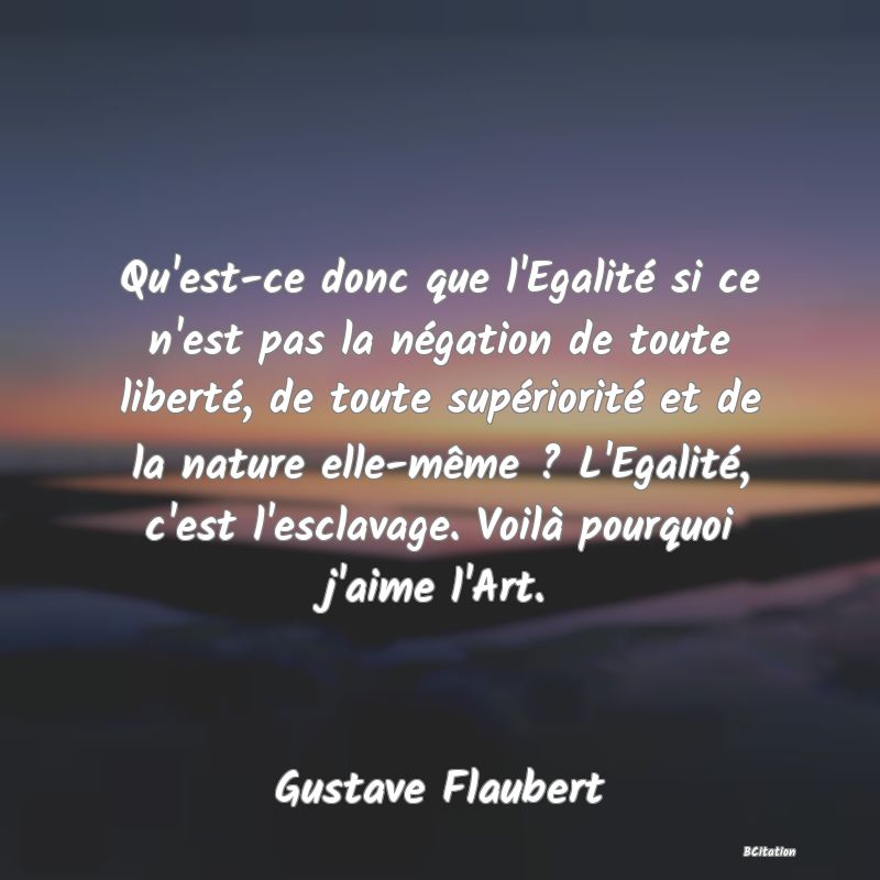 Belle Citation - Qu'est-ce donc que l'Egalité si ce n'est pas la négation de toute liberté, de toute supériorité et de la nature elle-même ? L'Egalité, c'est l'esclavage. Voilà pourquoi j'aime l'Art. - Gustave Flaubert