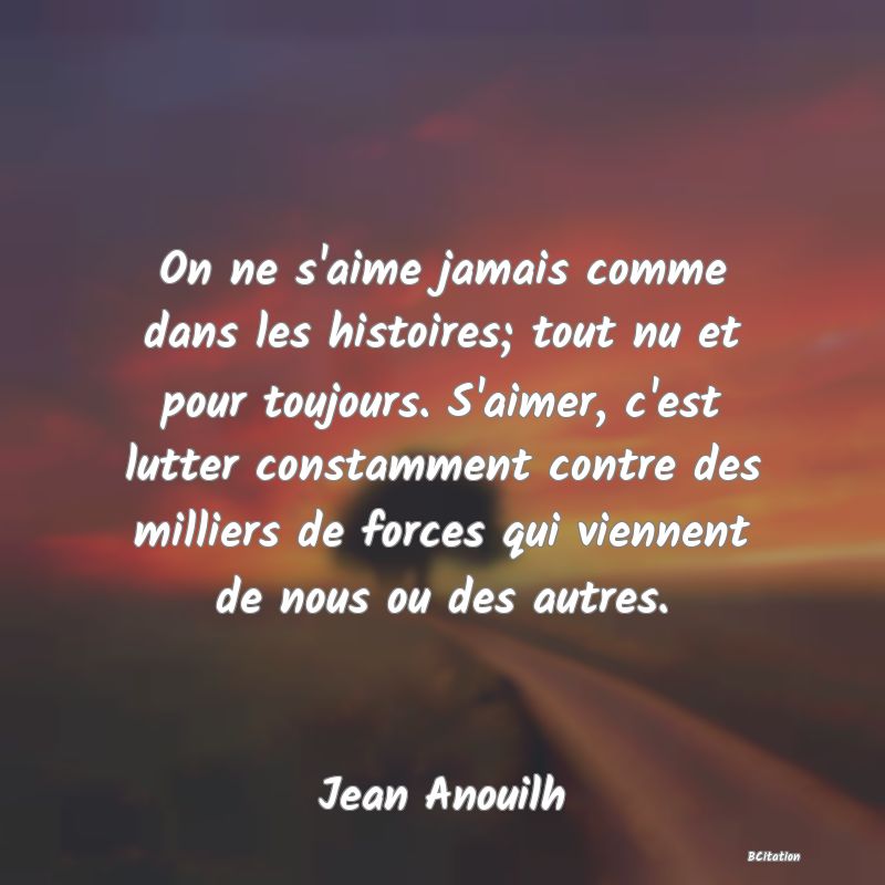 image de citation: On ne s'aime jamais comme dans les histoires; tout nu et pour toujours. S'aimer, c'est lutter constamment contre des milliers de forces qui viennent de nous ou des autres.